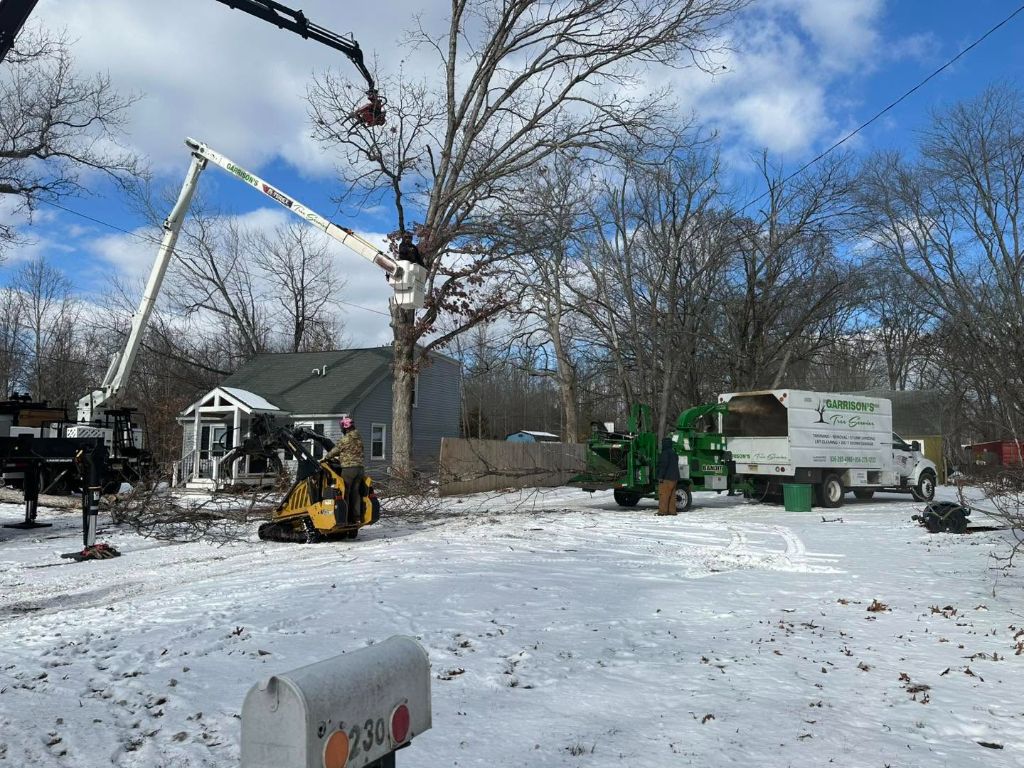 Garrison's Tree Service full crew working a snowy storm cleanup job site